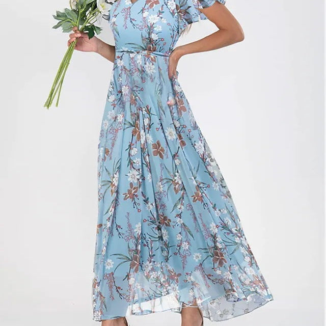 Robe Maxi Florale Volants Manches Courtes Élégance