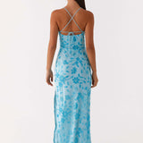 Robe Longue Fleurie Satinée à Fente Élégante