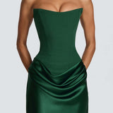 Robe Longue Satinée Bustier Drapée Élégance Luxe
