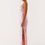 Robe Longue Fleurie Satinée à Fente Élégante