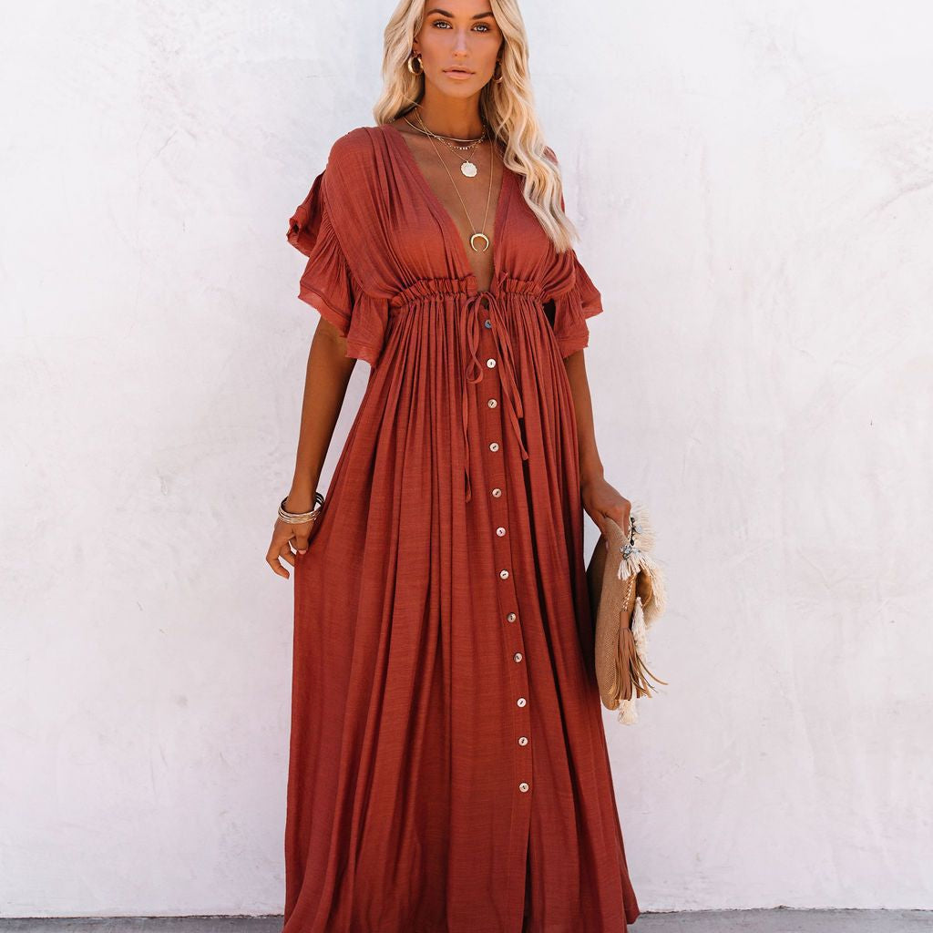 Robe Femme Bohème Longue Boutonnée Fluide