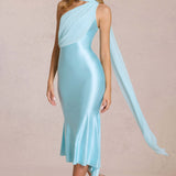 Robe Midi Satinée Asymétrique avec Écharpe Élégante