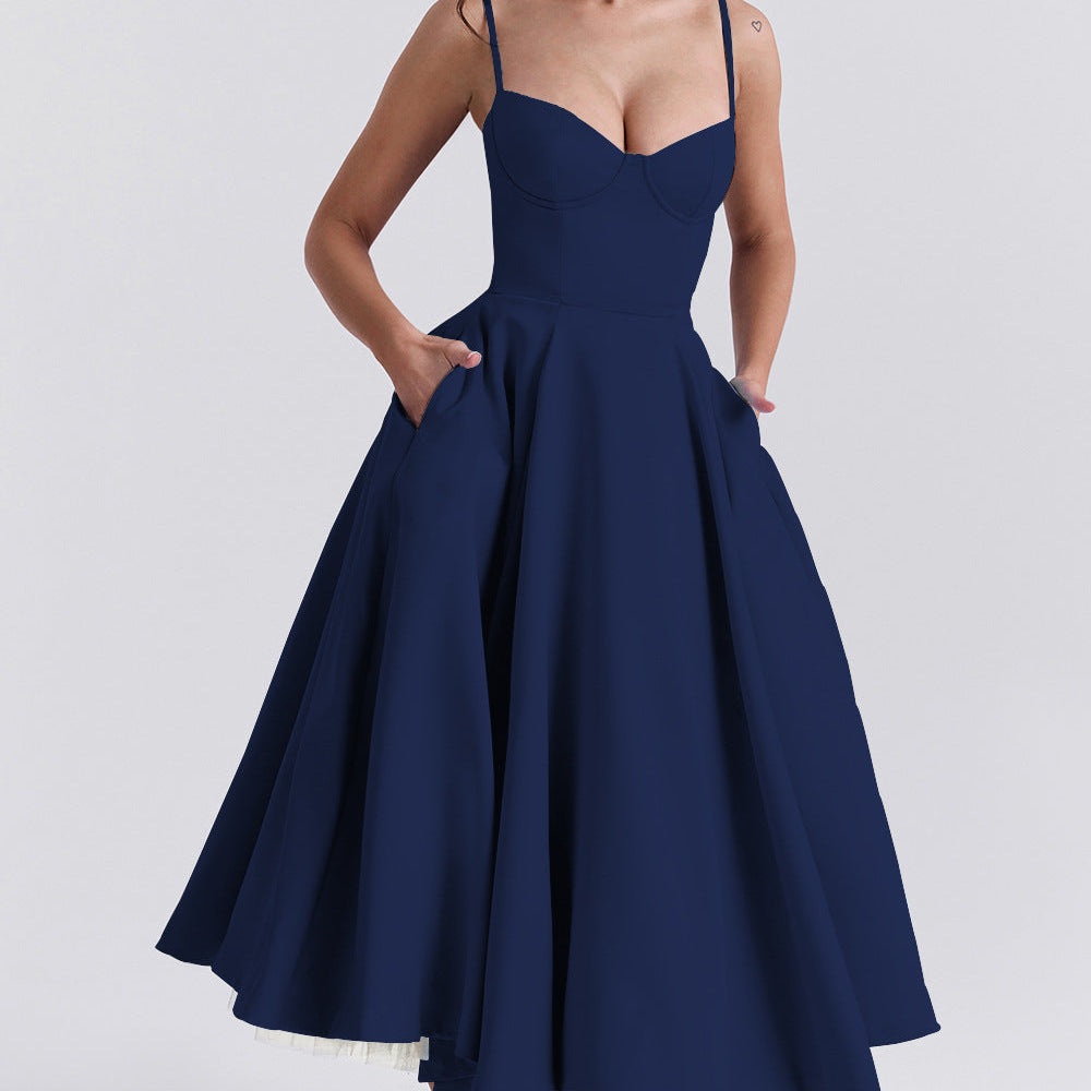 Robe Midi Évasée à Bretelles Fines