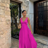 Robe longue plissée sans manches à col V pour femme