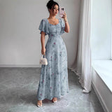 Robe longue fleurie femme à manches courtes