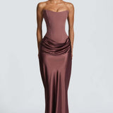 Robe Longue Satinée Bustier Drapée Élégance Luxe