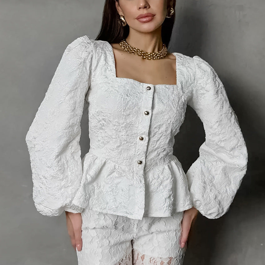 Elegant Blonde Bluse Med Pufærmer Feminint Stil