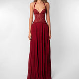 Robe longue plissée à col licou et décolleté V