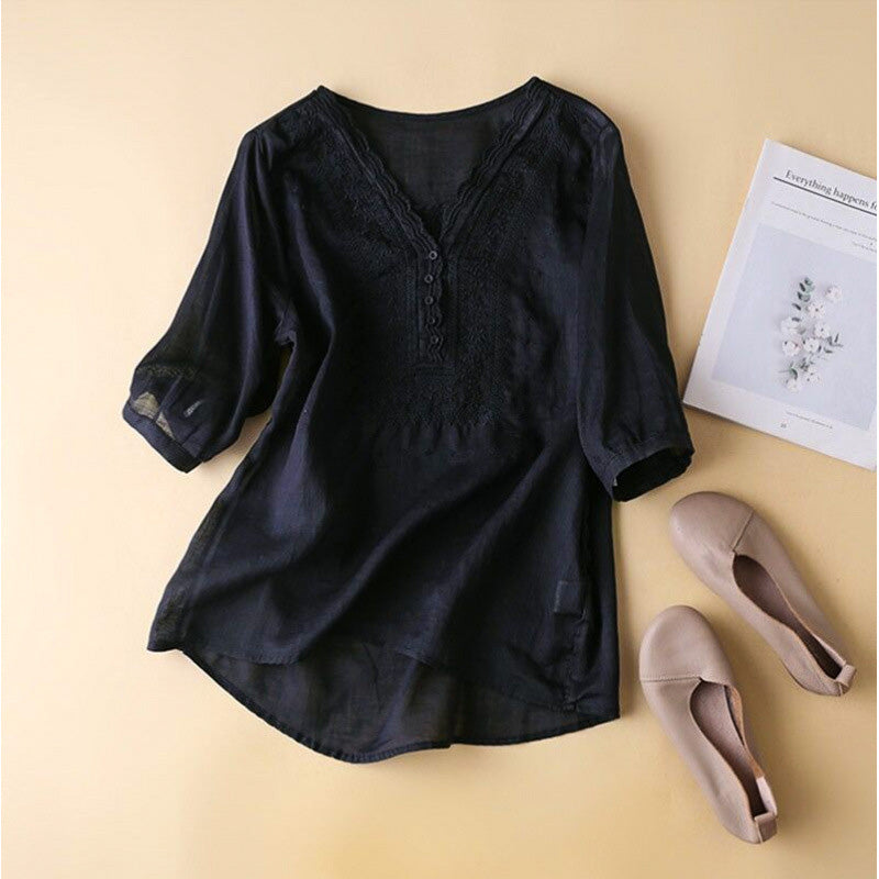 Blouse Lin Col V Boutonné Coupe Décontractée Élégante