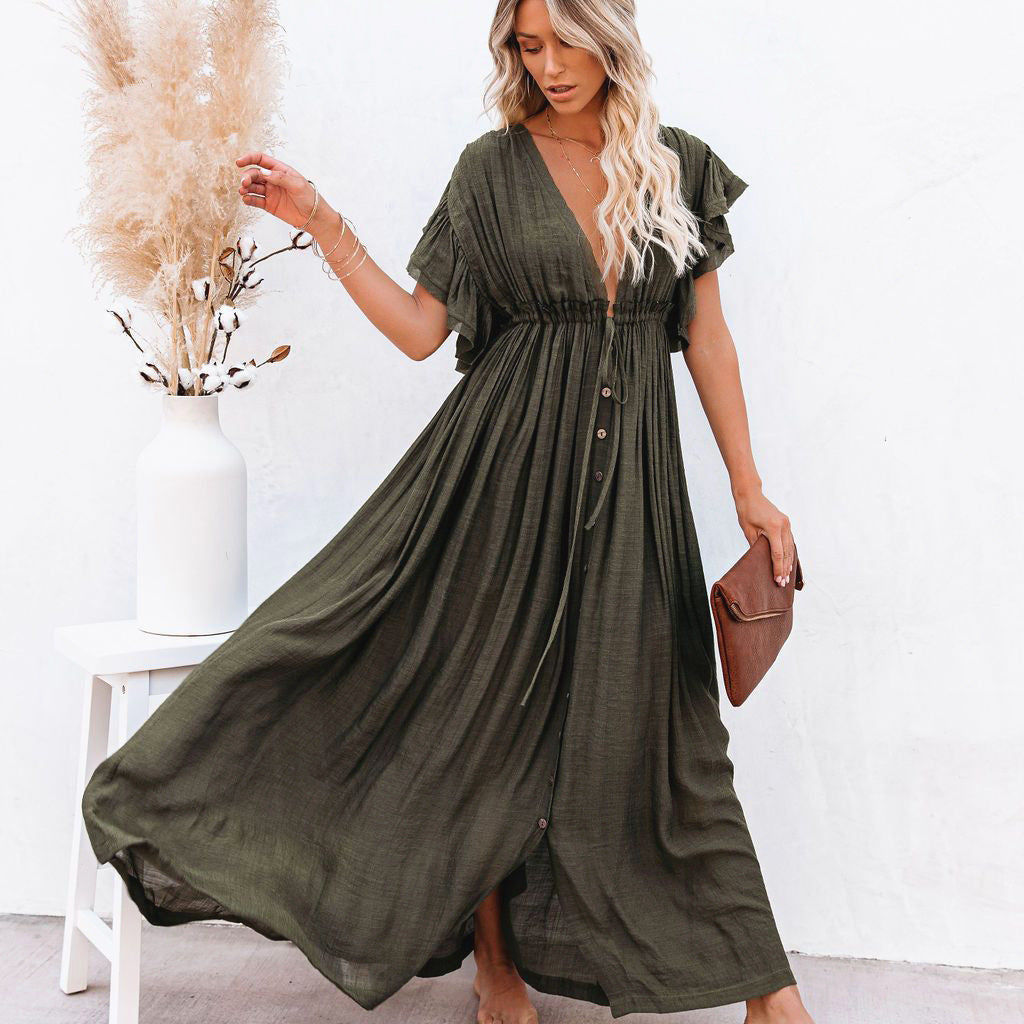 Robe Femme Bohème Longue Boutonnée Fluide