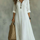 Robe Longue à Col V et Manches 3/4