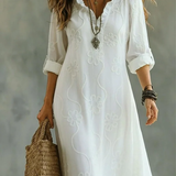 Robe Longue à Col V et Manches 3/4