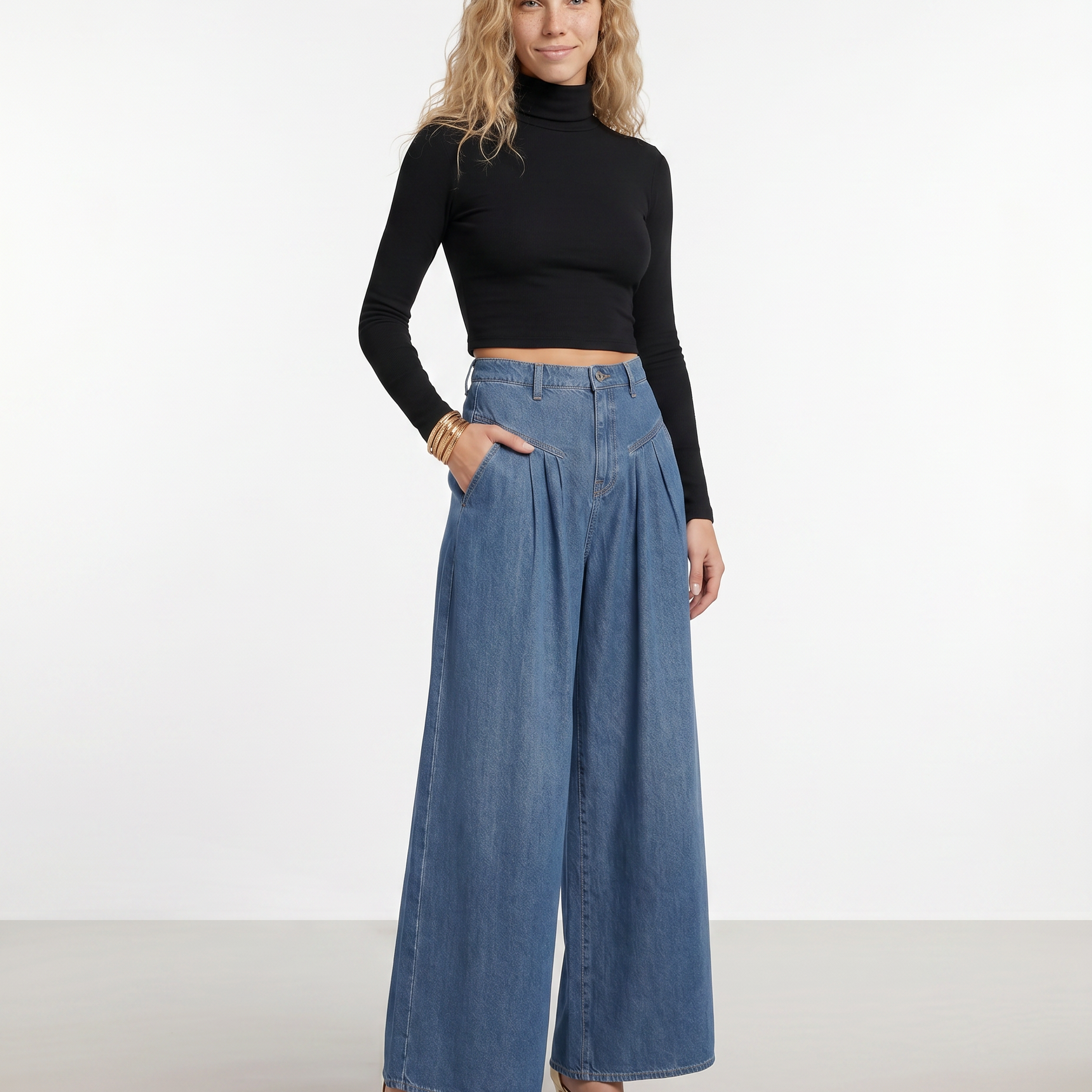 Jean femme large taille mi-haute délavé