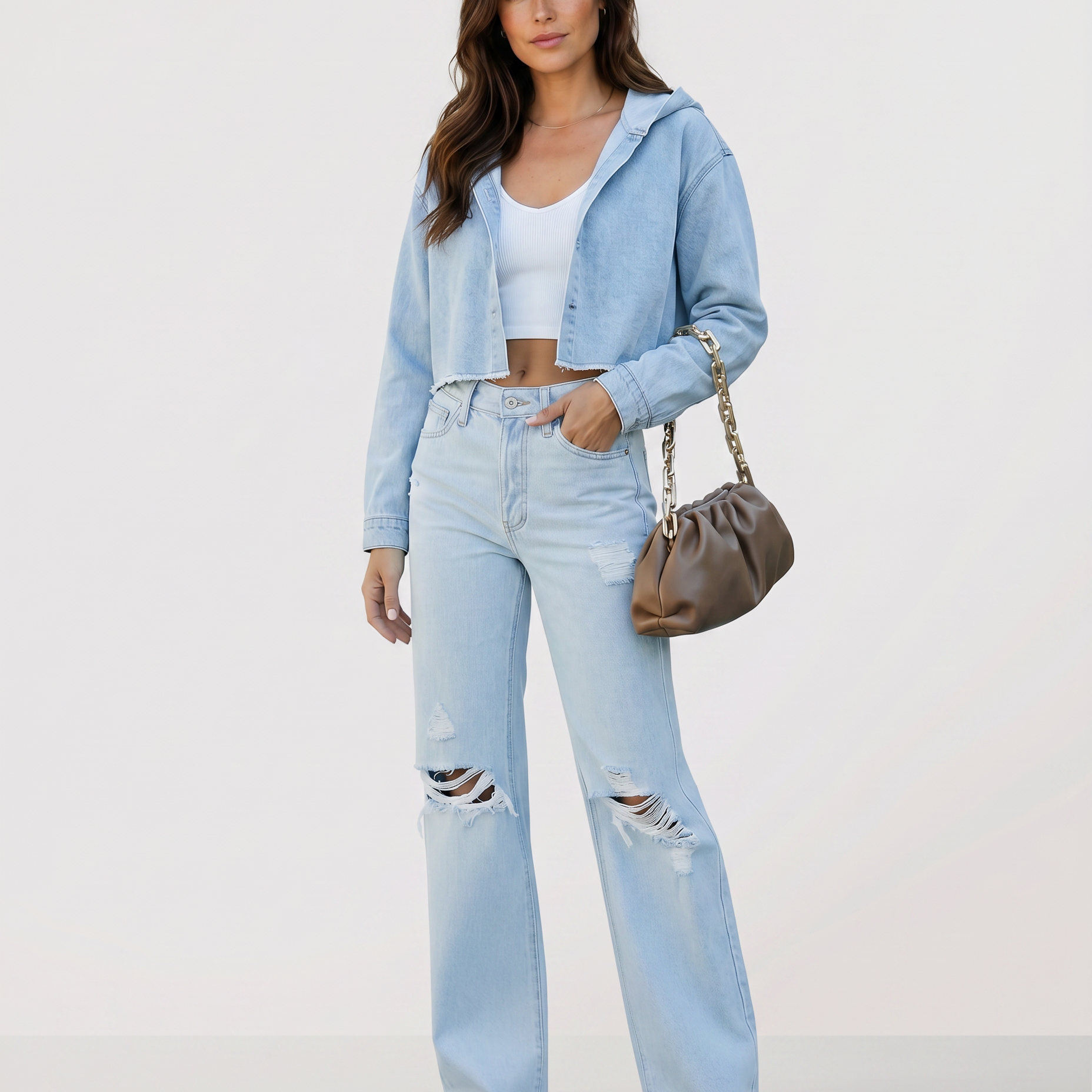 Jean femme taille haute large genoux déchirés