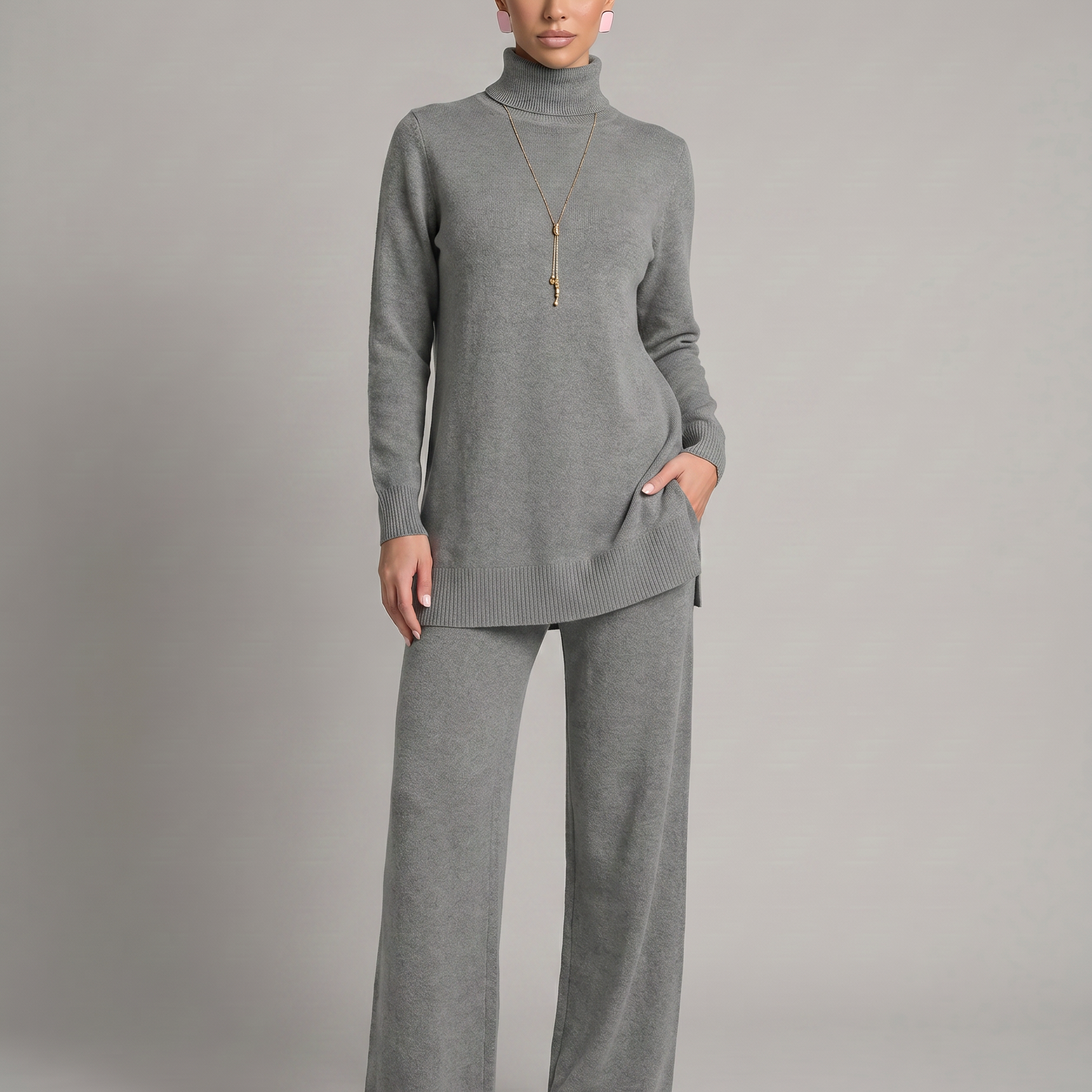 Ensemble maille femme col roulé et pantalon large