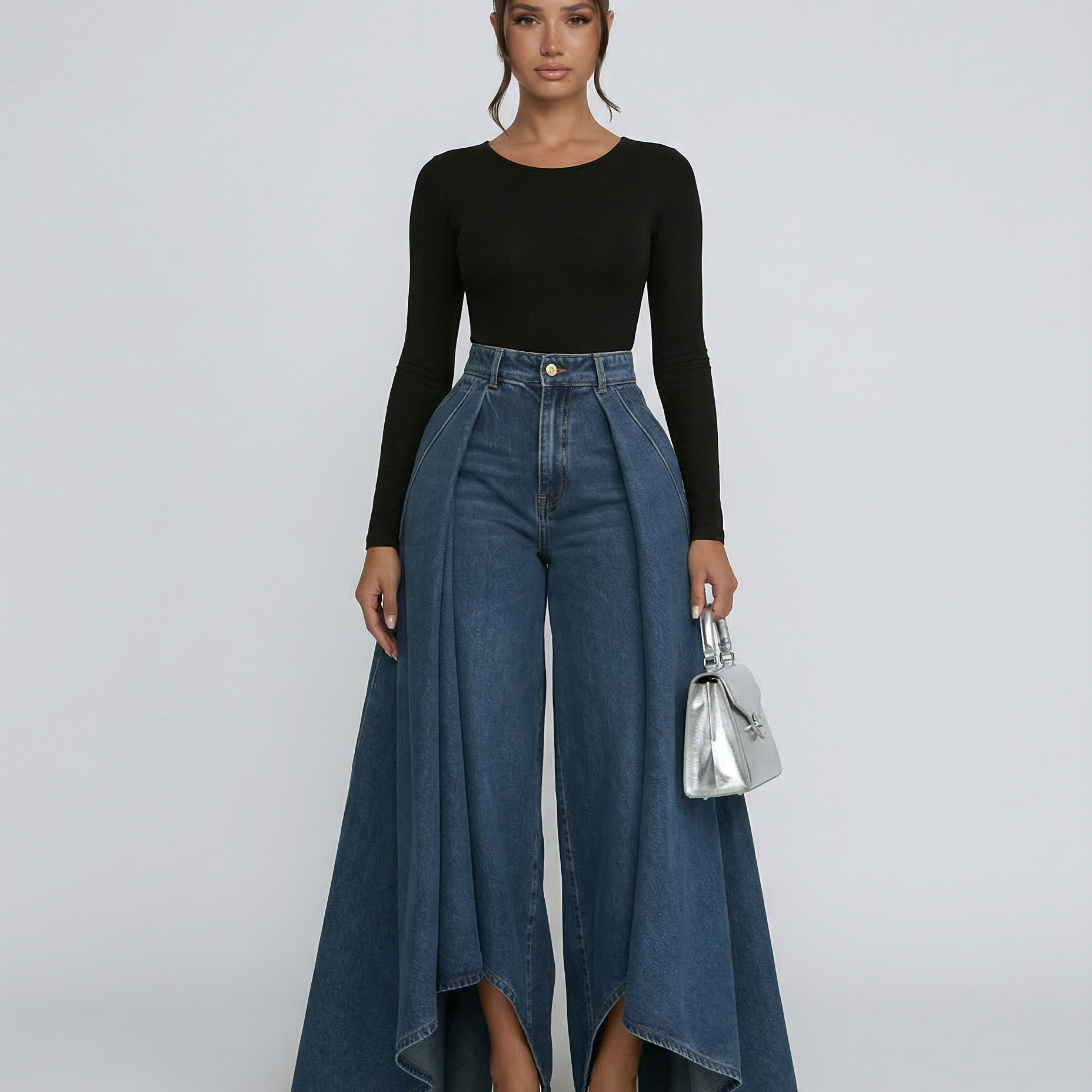 Jean femme taille haute jambe large drapé