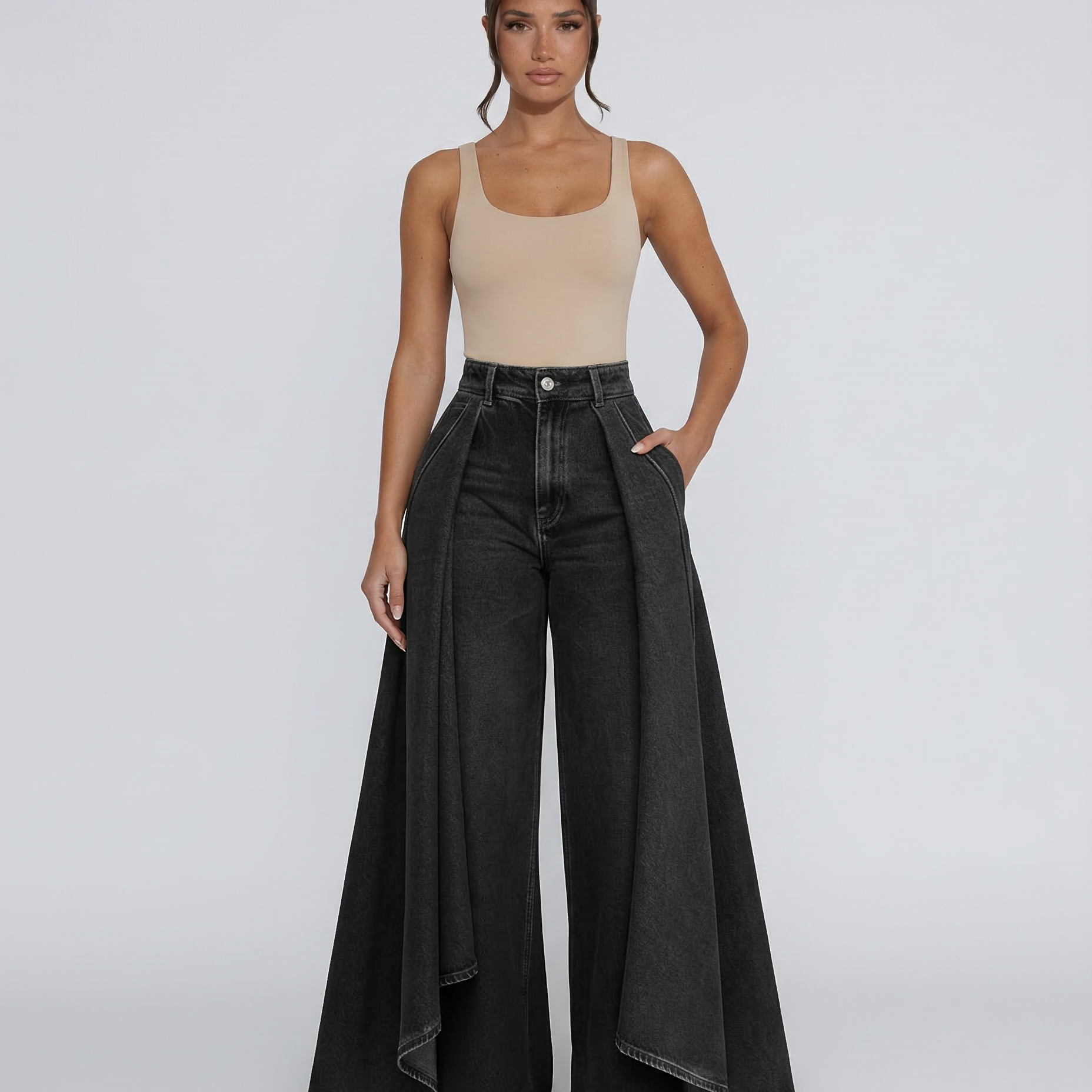 Jean femme taille haute jambe large drapé