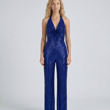 Combinaison femme à sequins col halter jambes larges