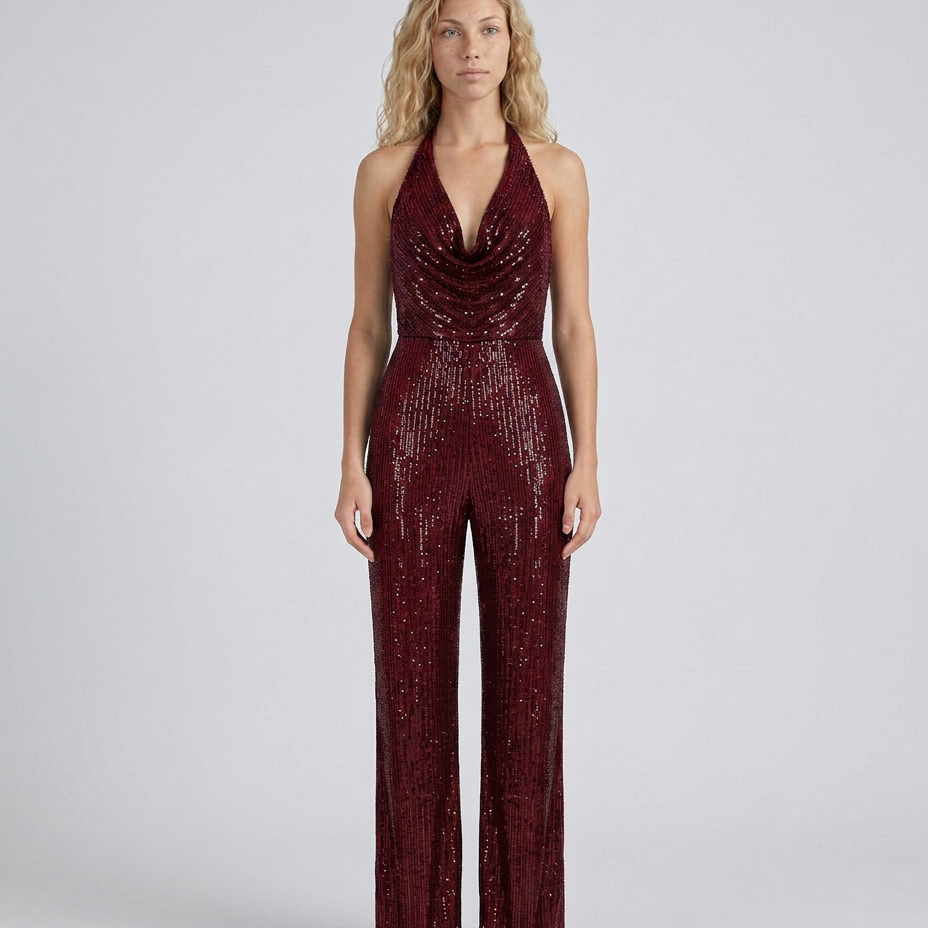 Combinaison femme à sequins col halter jambes larges