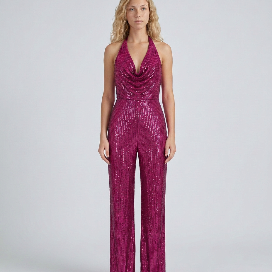 Combinaison femme à sequins col halter jambes larges