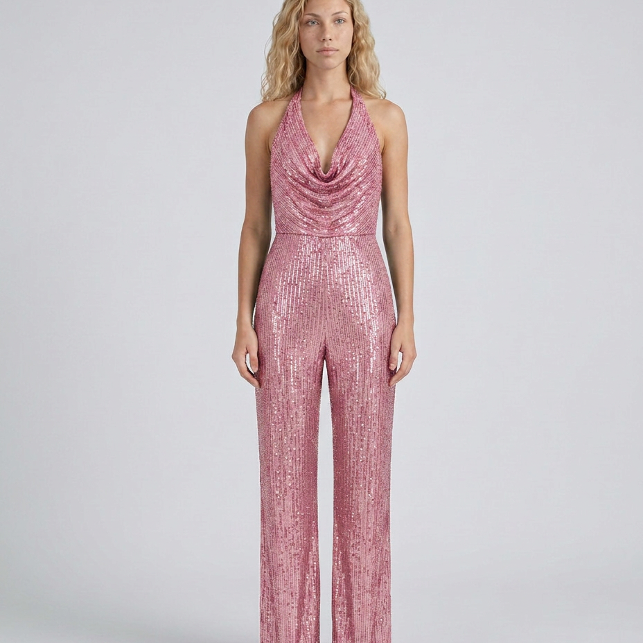 Combinaison femme à sequins col halter jambes larges