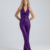 Combinaison femme à sequins col halter jambes larges