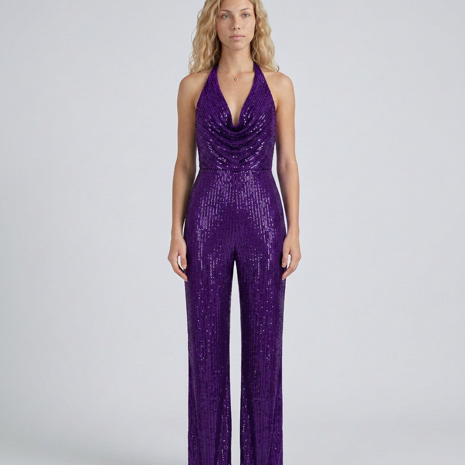 Combinaison femme à sequins col halter jambes larges