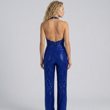 Combinaison femme à sequins col halter jambes larges