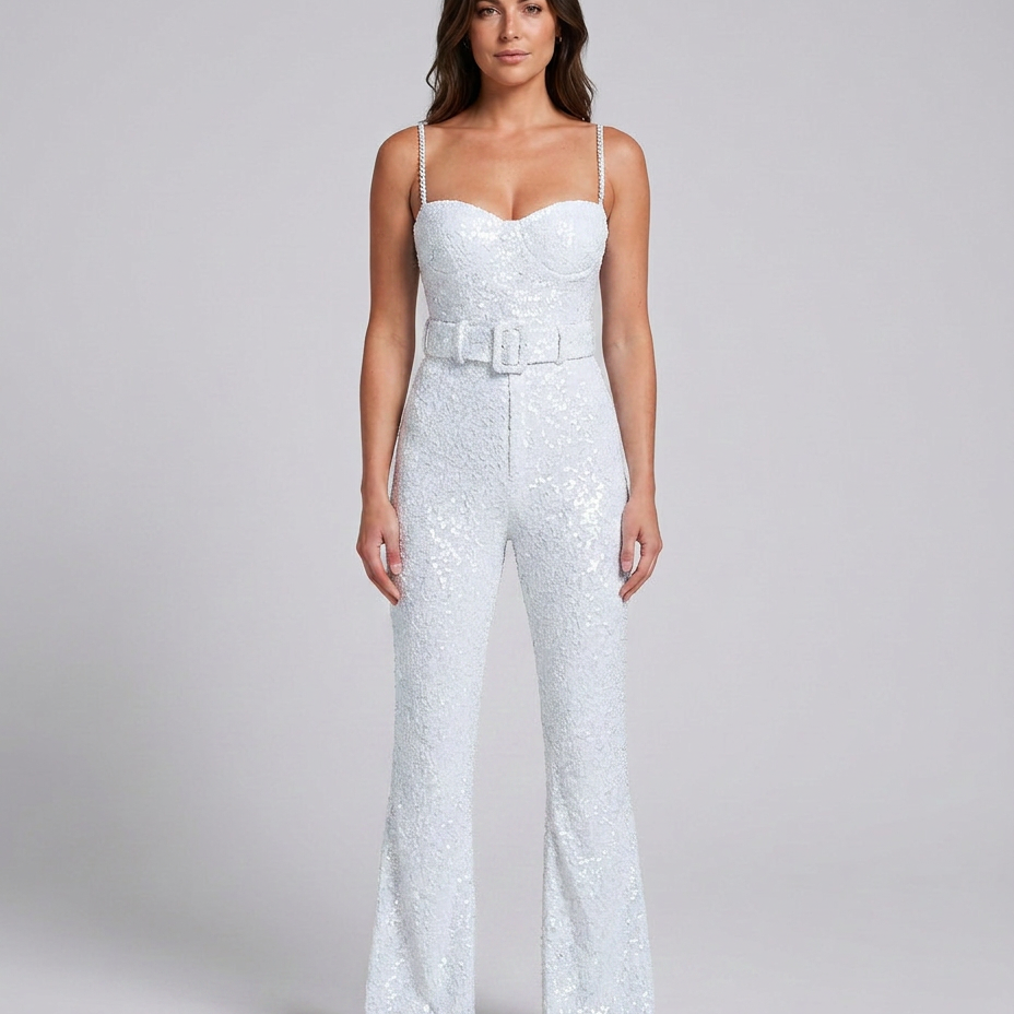 Combinaison femme à sequins, pantalon évasé