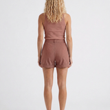 Short femme large taille haute à revers en coton mélangé