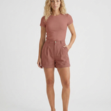 Short femme large taille haute à revers en coton mélangé
