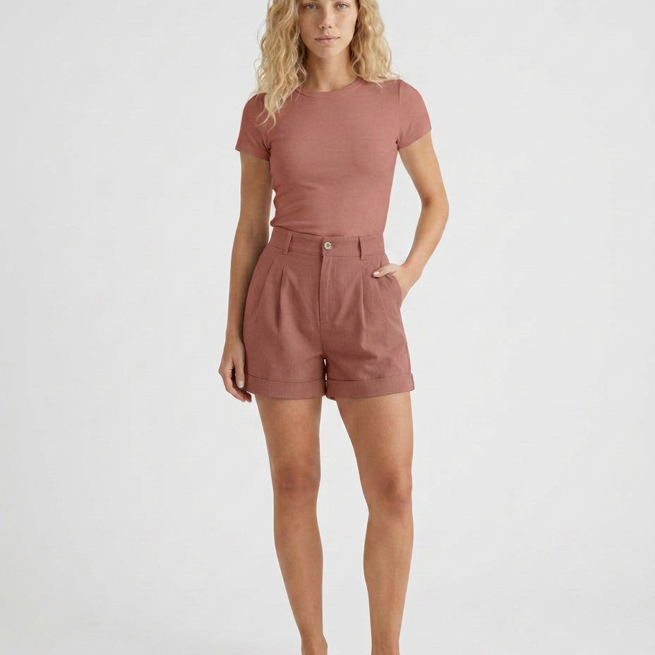 Short femme large taille haute à revers en coton mélangé