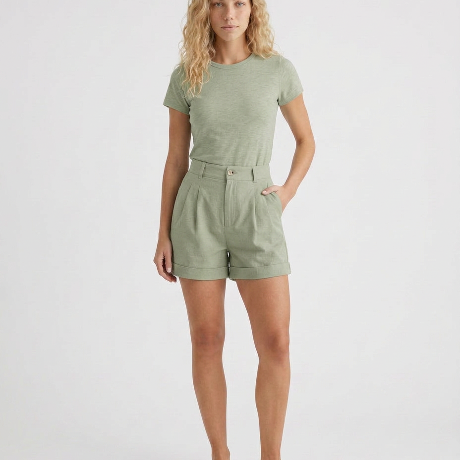Short femme large taille haute à revers en coton mélangé