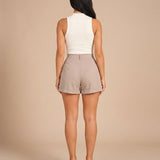 Short femme large taille haute à revers en coton mélangé