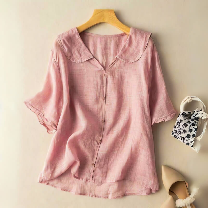Blouse Coton Lin Col Volanté Coupe Fluide Élégante