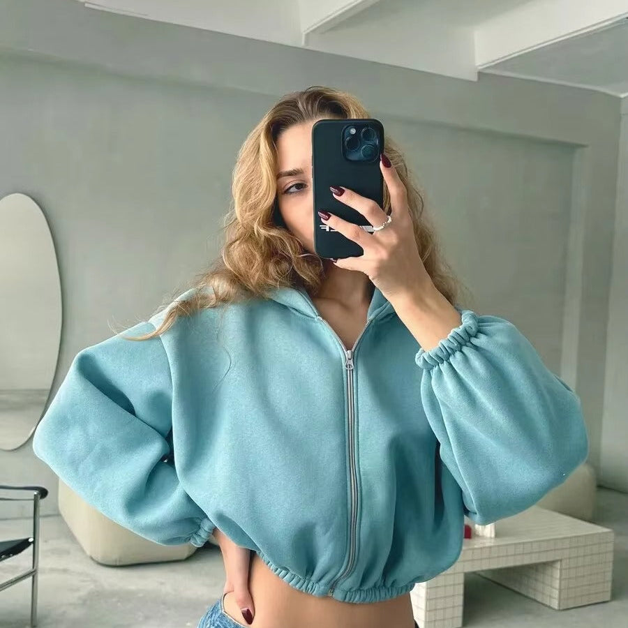Sweat Crop Zip Capuche Coupe Courte Confort Moderne