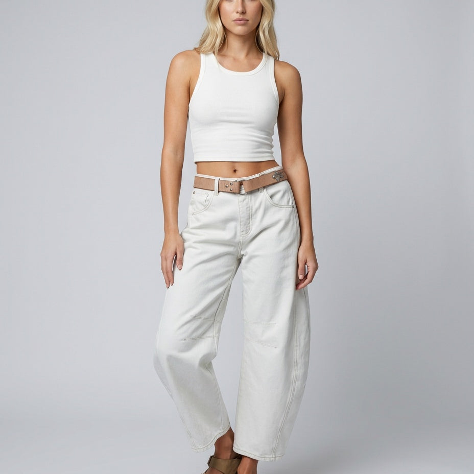 Jean femme taille haute jambe barrel en denim