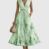Robe Midi Fleurie Femme à Col V Sans Manches