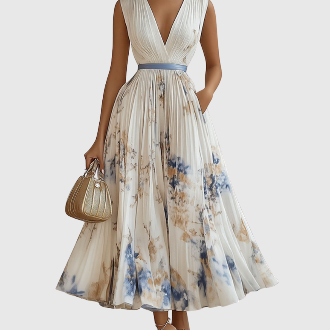 Robe Midi Fleurie Femme à Col V Sans Manches