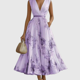 Robe Midi Fleurie Femme à Col V Sans Manches
