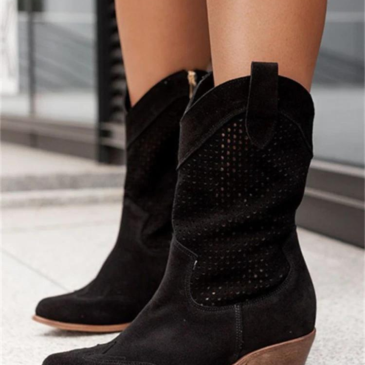 Bottes Cowboy Perforées Talon Bas Style Western Chic