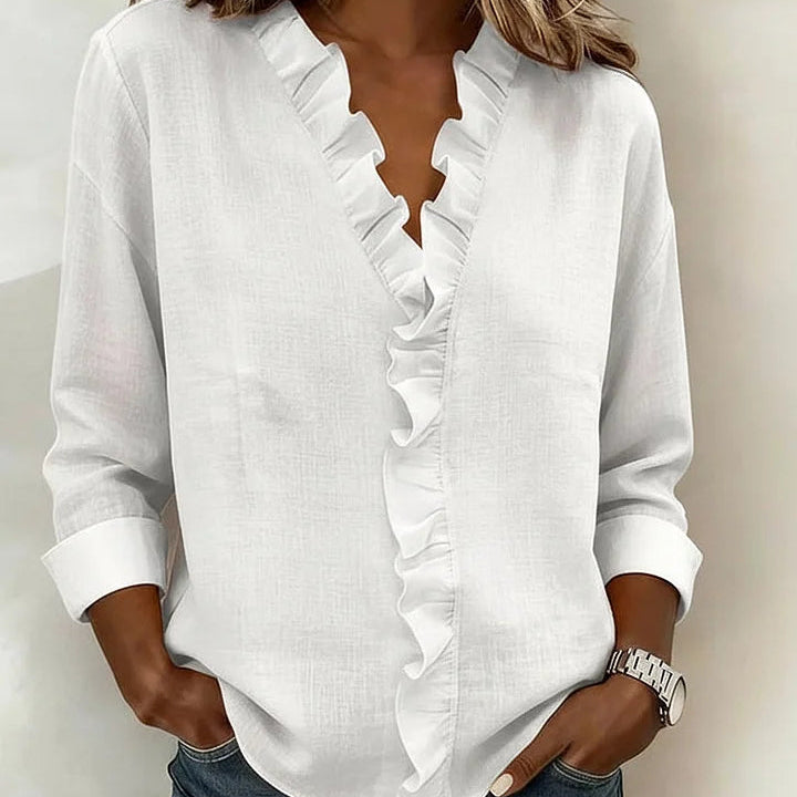 Blouse Unie à Col V Volanté