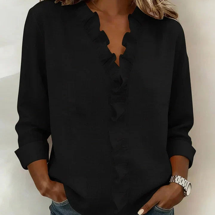 Blouse Unie à Col V Volanté