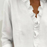 Blouse Unie à Col V Volanté