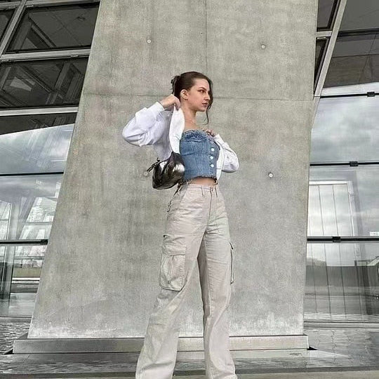 Pantalon cargo taille haute coupe large confortable