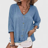 Blouse Boutonnée à Col V et Manches Trois-Quarts