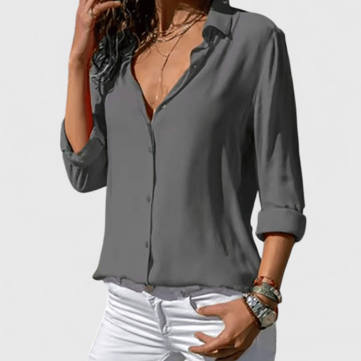 Blouse Fluide à Col V et Manches Longues