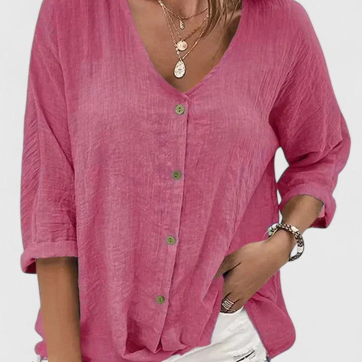 Blouse Boutonnée à Col V et Manches Trois-Quarts