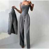 Ensemble Trois Pièces Femme Blazer Gilet Pantalon Élégant