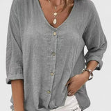 Blouse Boutonnée à Col V et Manches Trois-Quarts